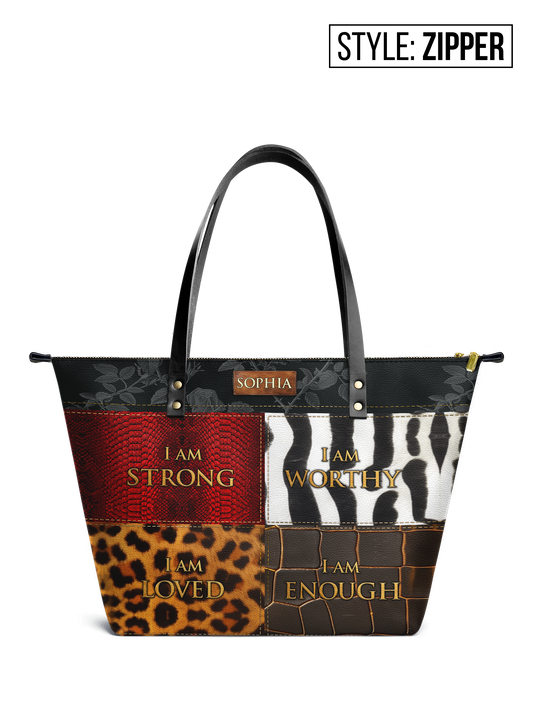 I Am Strong Leather Tote Bag