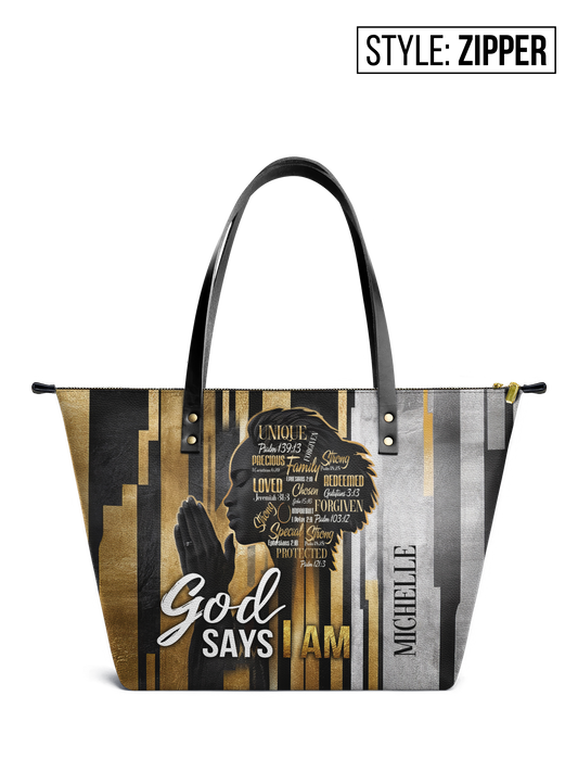 God Says I Am Leather Tote Bag