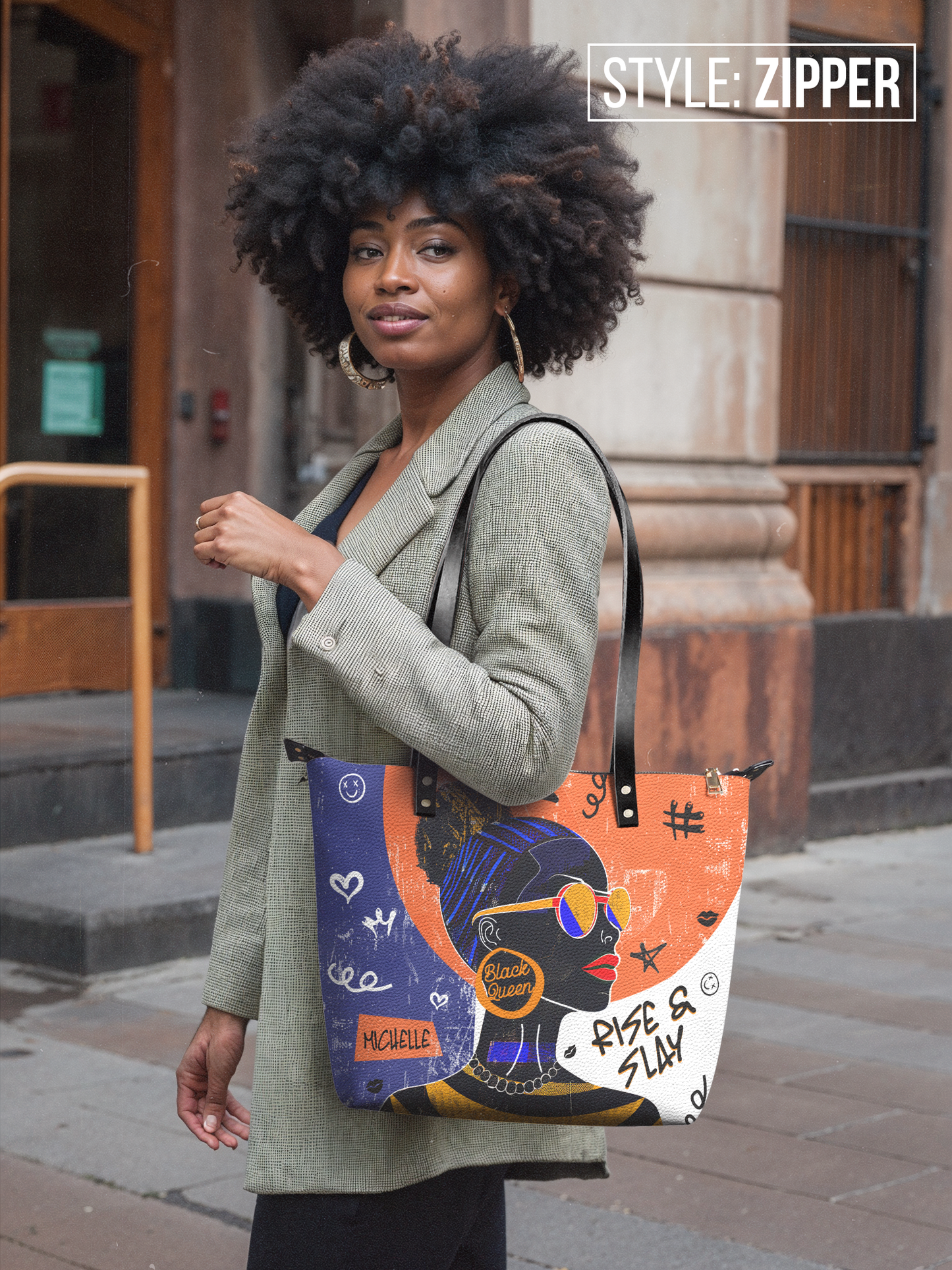 Rise & Slay - "Hekima" Blue Graffiti Leather Tote Bag