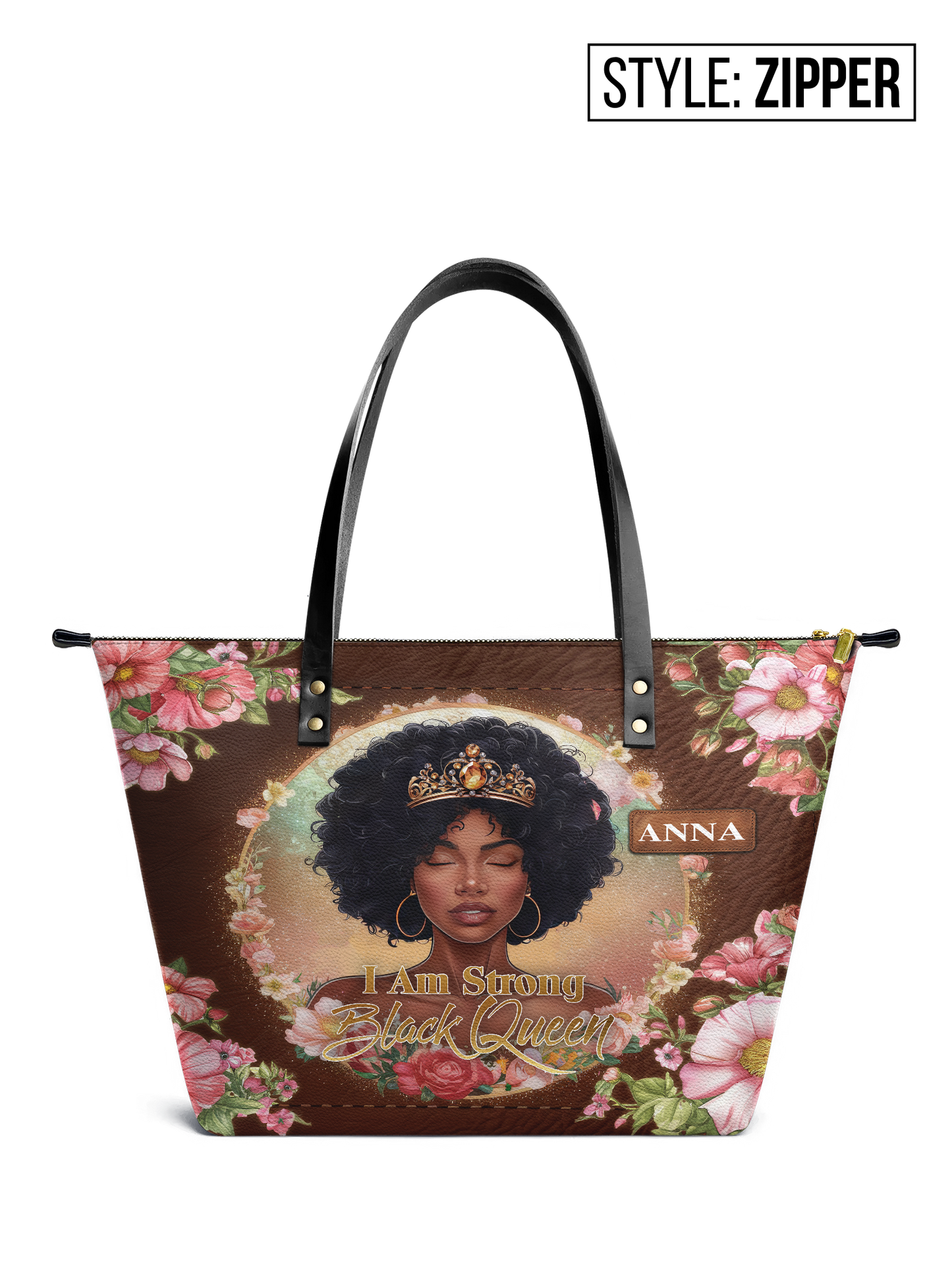 I Am Strong Black Queen Leather Tote Bag