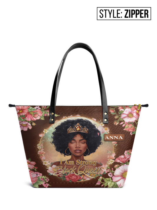 I Am Strong Black Queen Leather Tote Bag