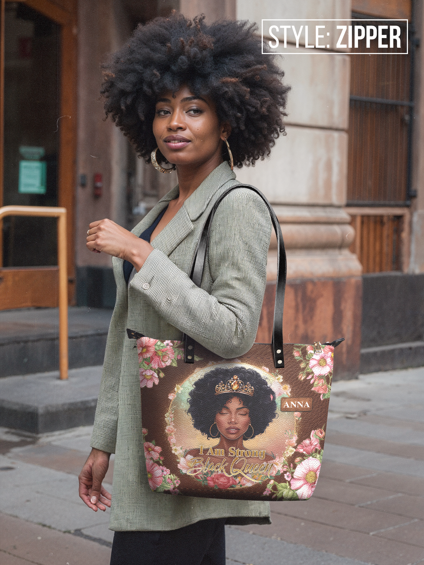 I Am Strong Black Queen Leather Tote Bag