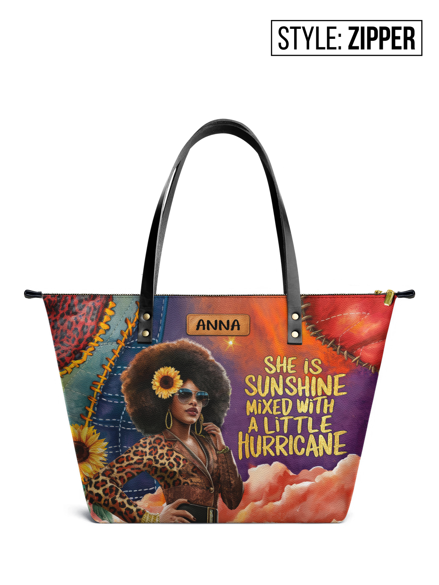 She Is Sunshine Mixed With A Little Hurricane Leather Tote Bag