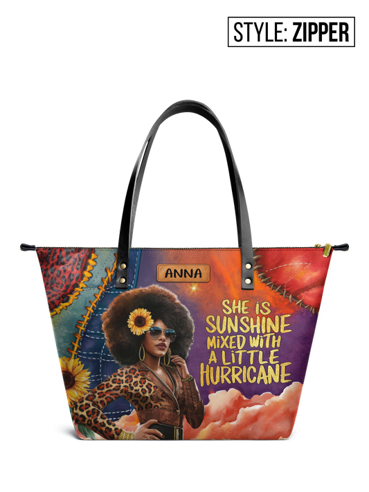 She Is Sunshine Mixed With A Little Hurricane Leather Tote Bag