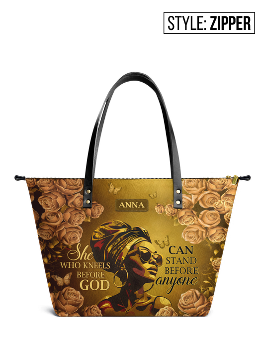 She Who Kneels Before God Leather Tote Bag