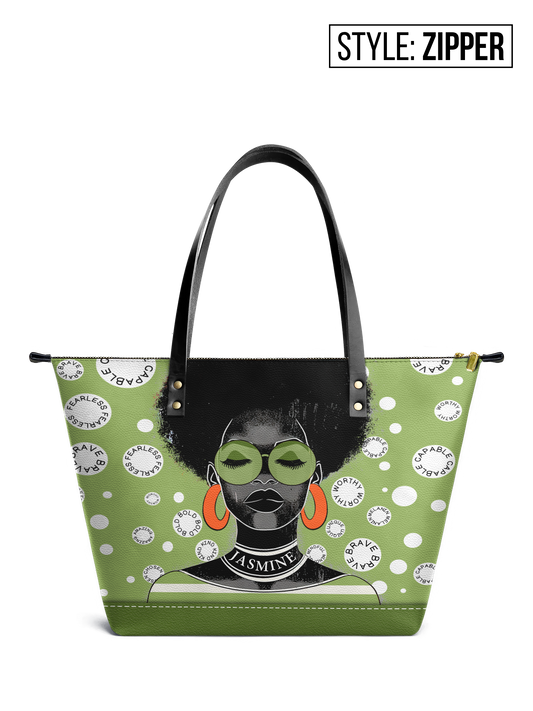 The Essence - "Fahari" Green Polka-dot Leather Tote Bag