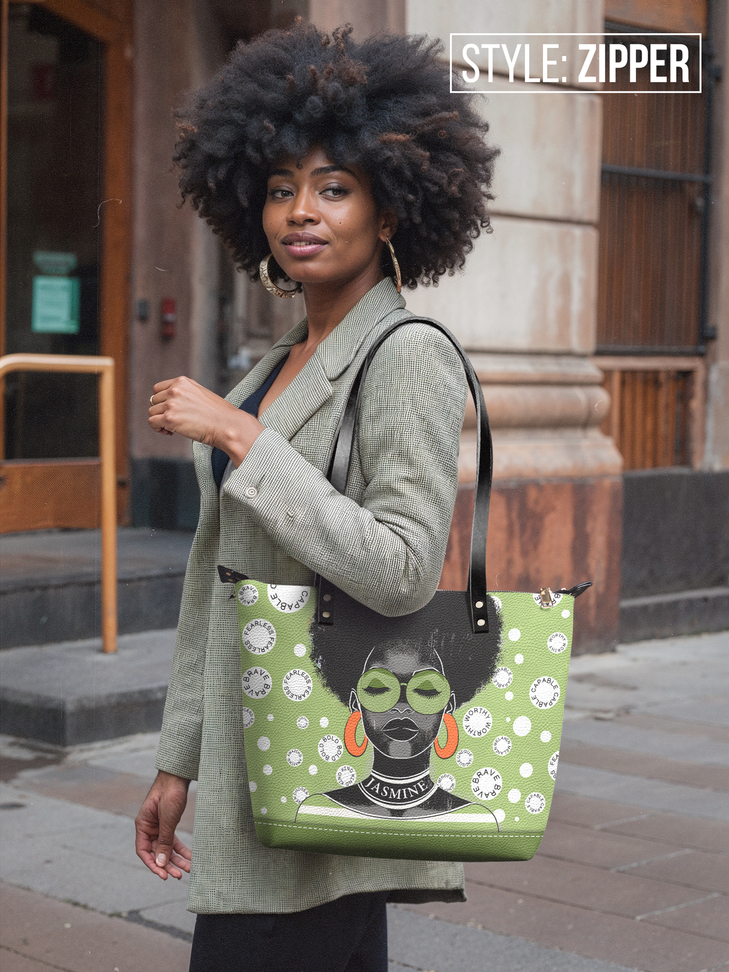 The Essence - "Fahari" Green Polka-dot Leather Tote Bag