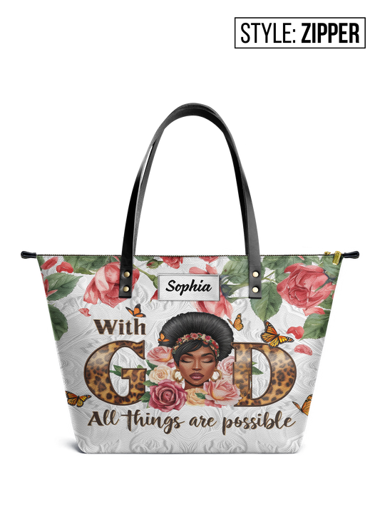 With God All Things Are Possible Leather Tote Bag